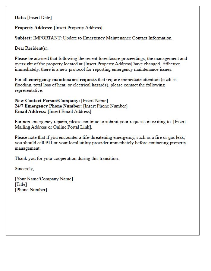 Emergency Maintenance Contact Update Following Foreclosure Letter