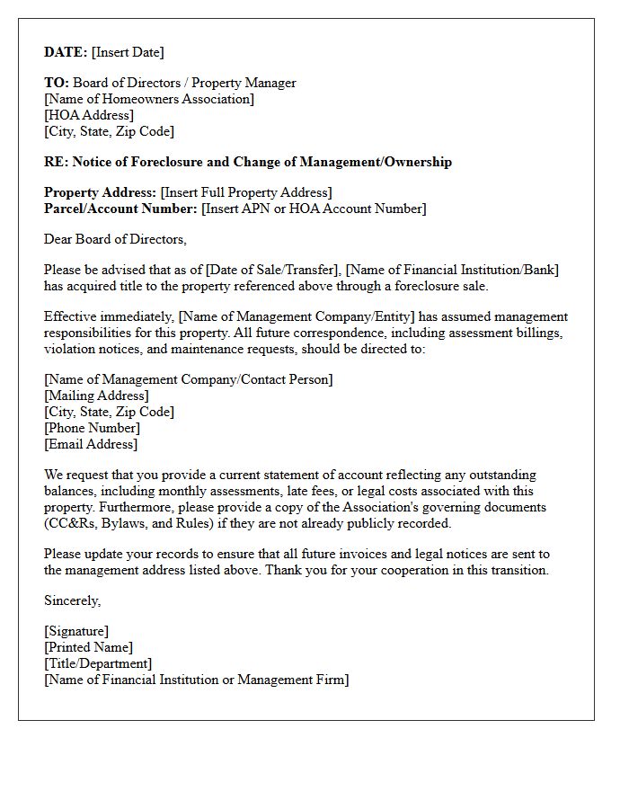 Homeowners Association Notification Letter of Bank Foreclosure and Management Assumption