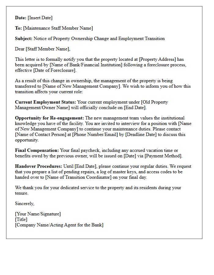 Maintenance Staff Transition Letter Following Bank Foreclosure