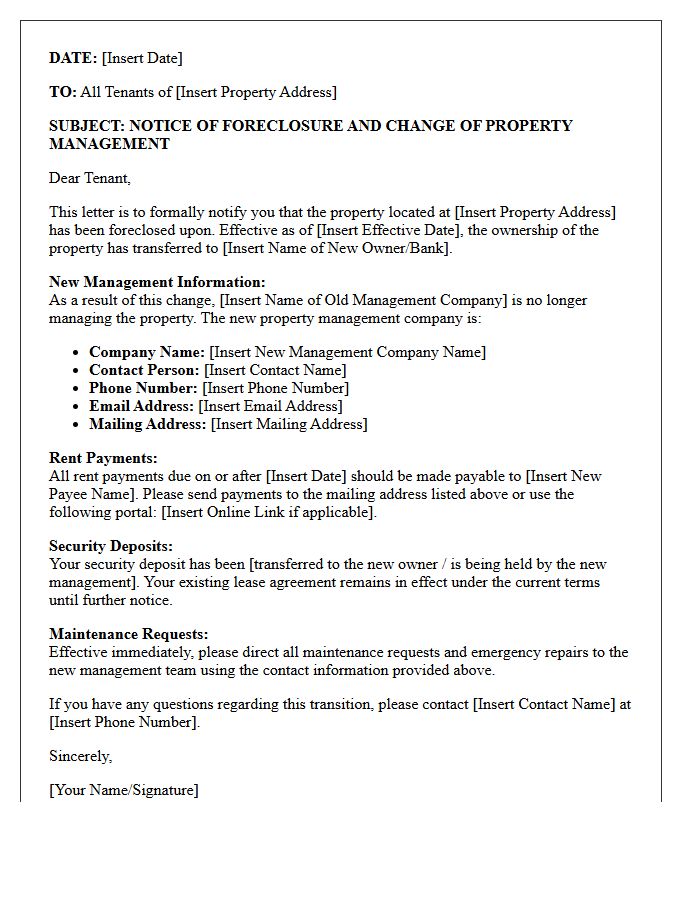 Notice of Bank Foreclosure and Change of Property Management Letter