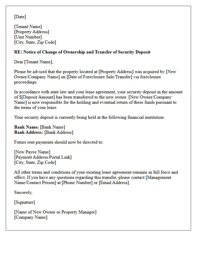 Post-Foreclosure Security Deposit Transfer Notification Letter