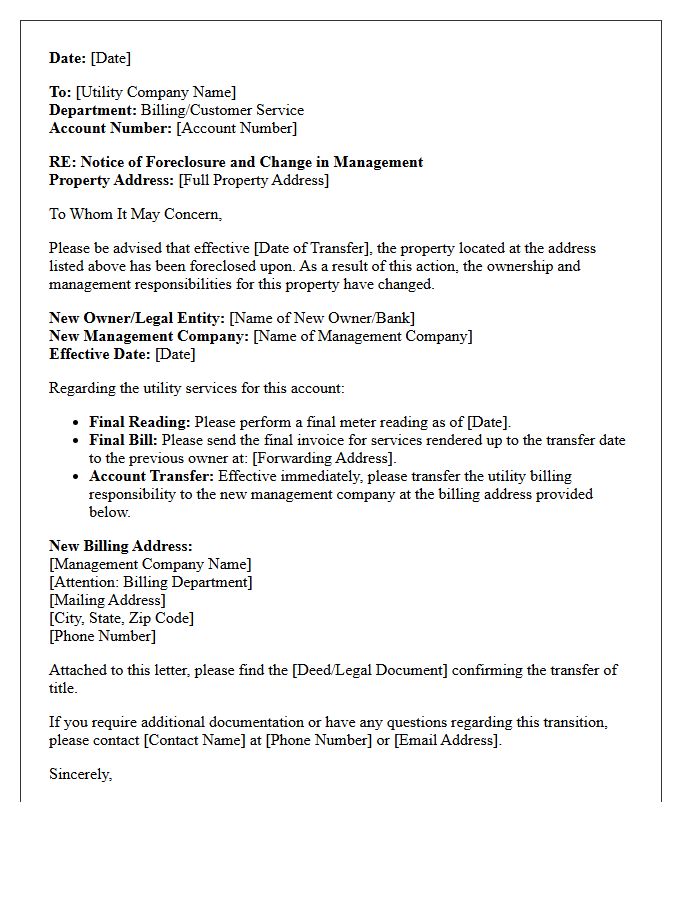 Utility Company Notification of Foreclosure and Management Change Letter
