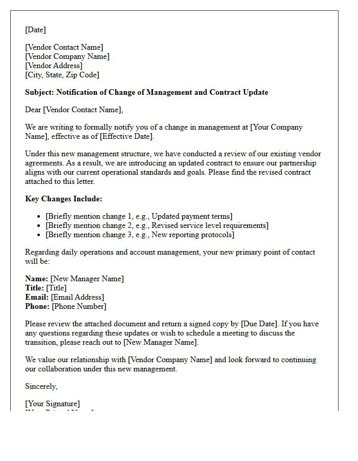 Vendor Contract Update and Change of Management Letter