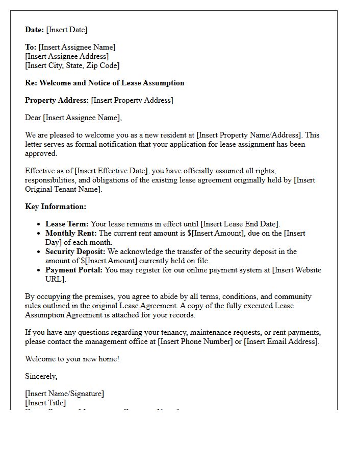 Assignee Welcome and Lease Assumption Letter