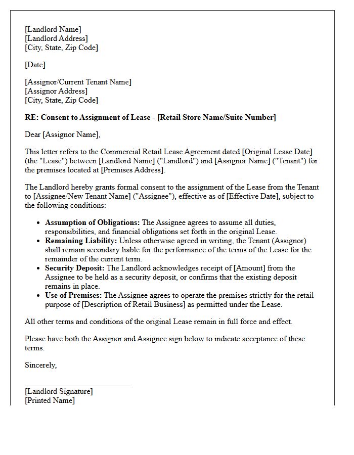Commercial Retail Lease Assignment Consent Letter