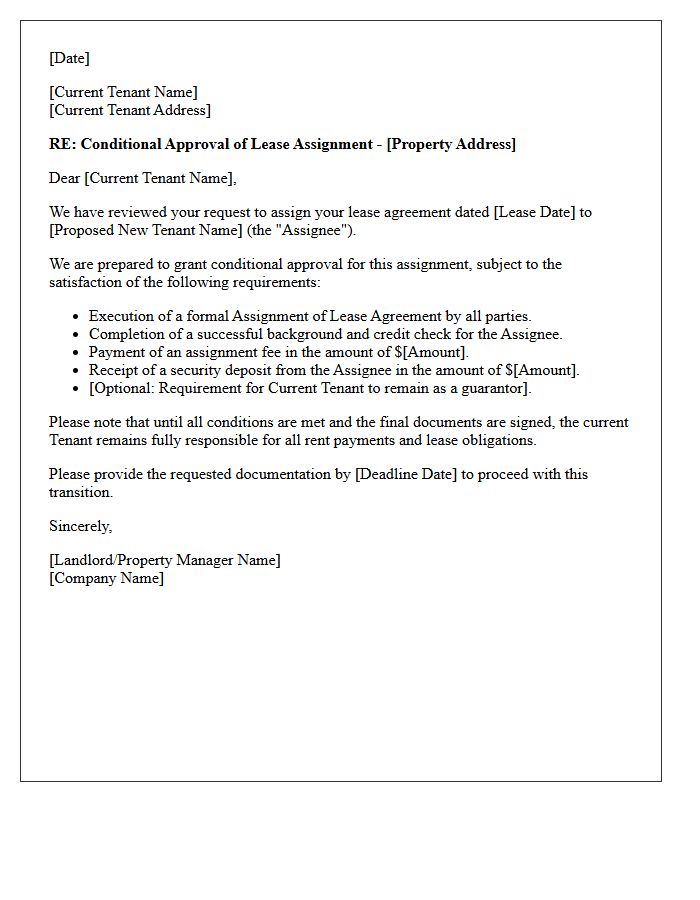 Conditional Approval of Lease Assignment Letter