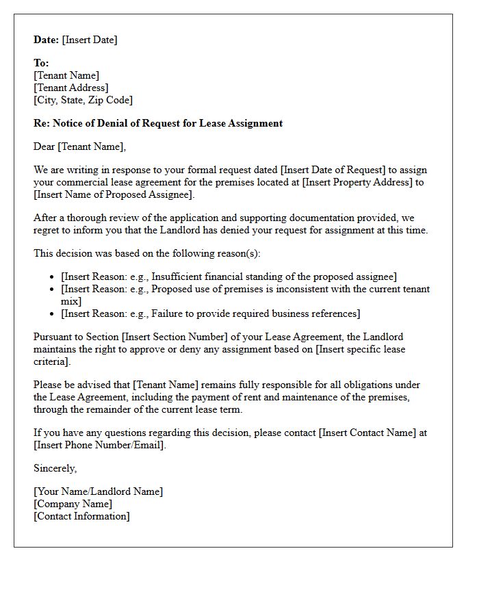 Denial of Commercial Lease Assignment Letter