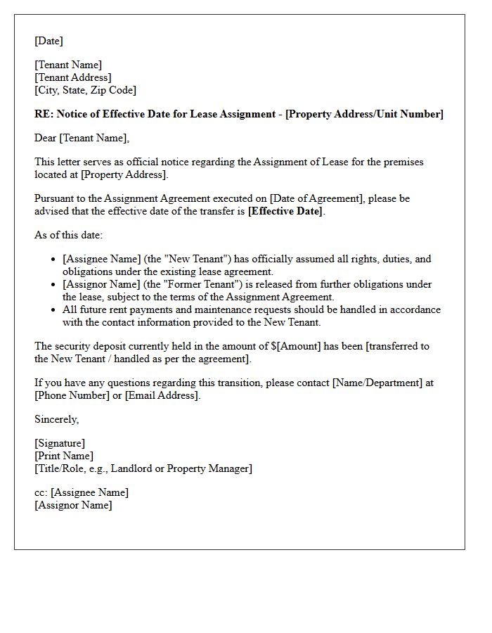 Notice of Effective Date for Lease Assignment Letter