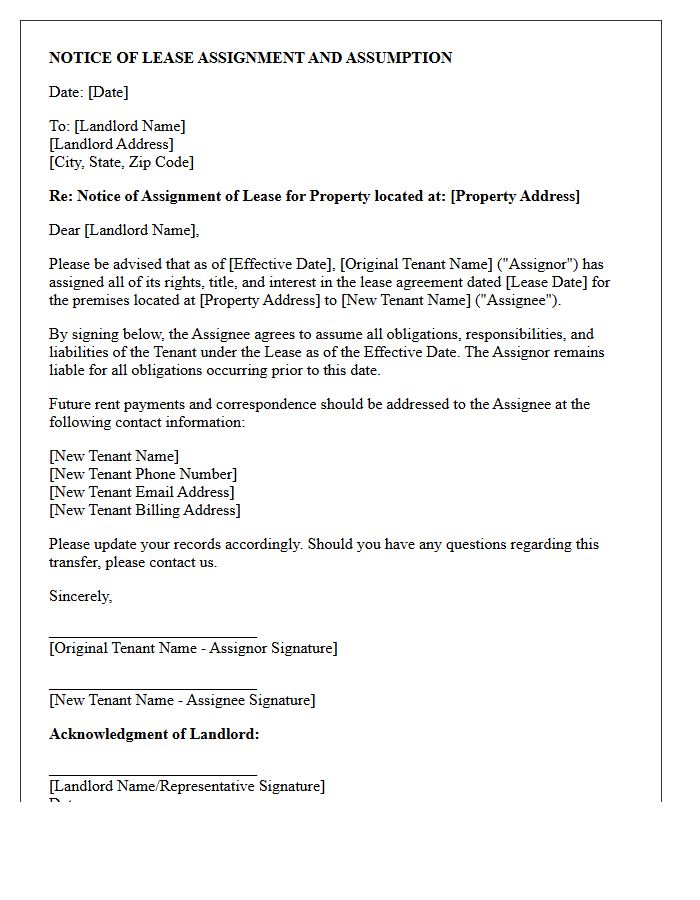 Notice of Lease Assignment and Assumption Letter