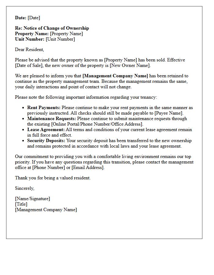 Multifamily Property Ownership Change and Retained Management Letter