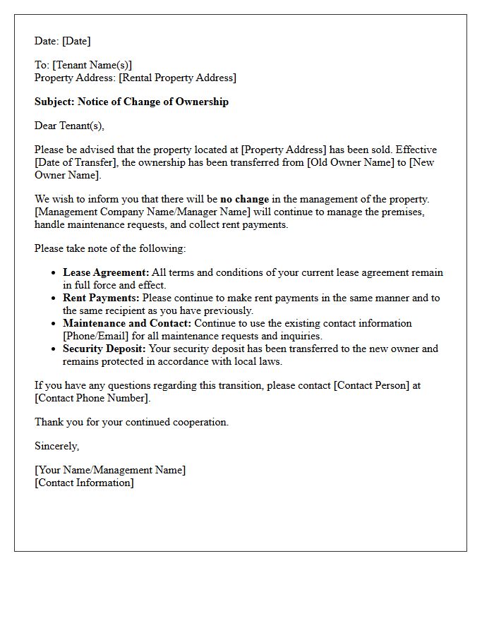Notice to Tenants Letter for Ownership Transfer and Retained Management
