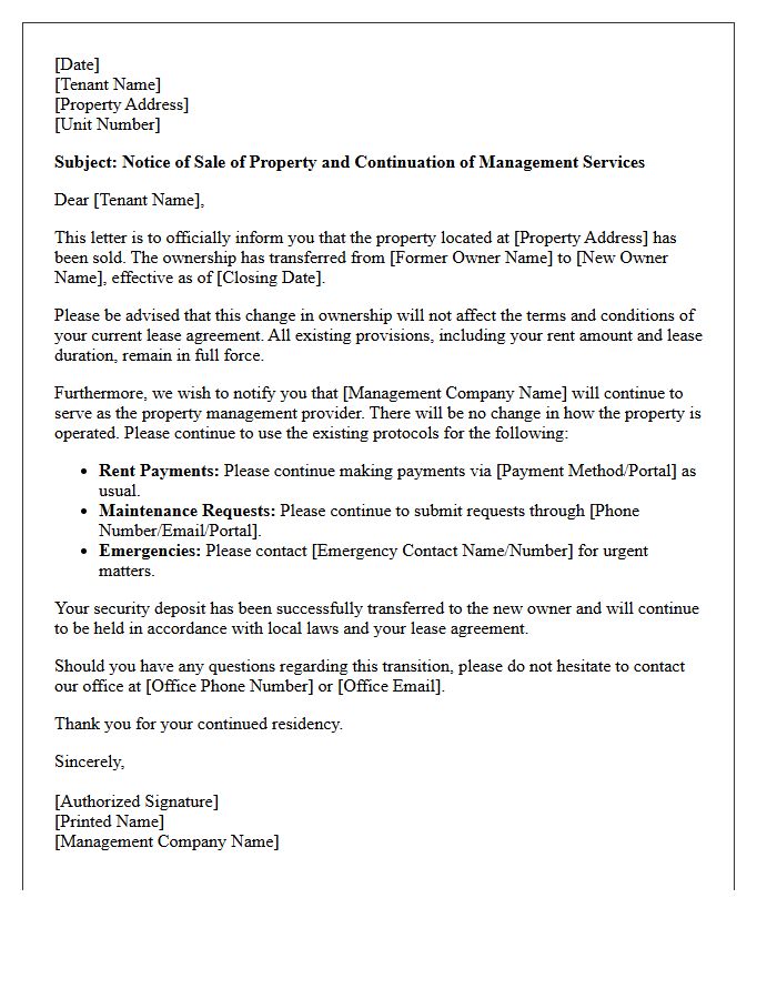 Official Letter of Property Sale With Continued Management Services