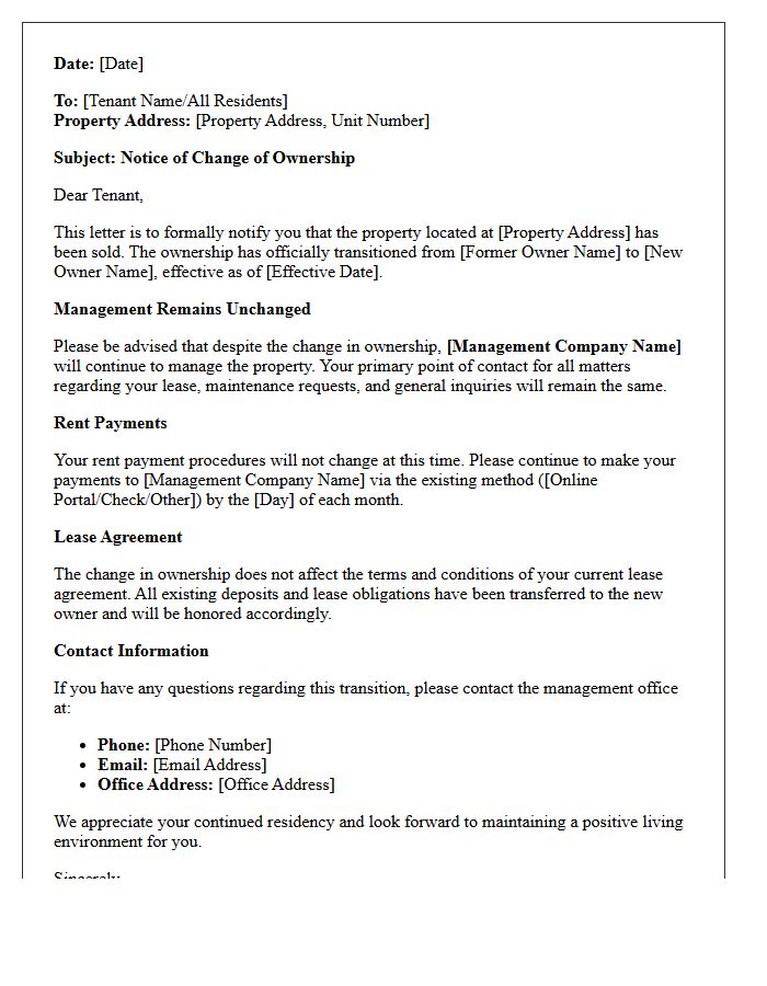 Property Ownership Transition and Retained Management Letter