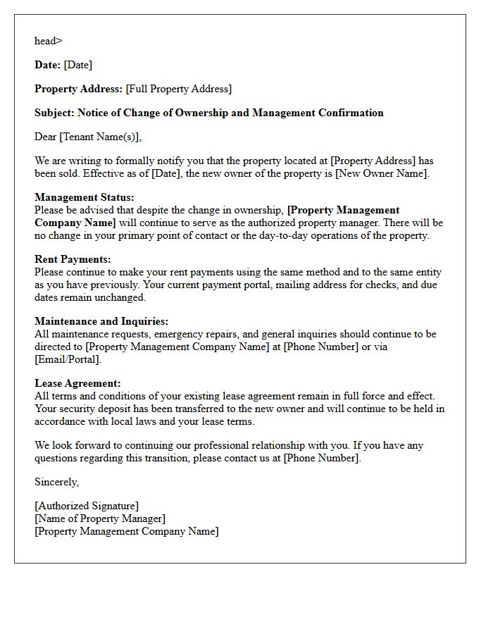 Residential Change of Owner and Retained Property Manager Letter