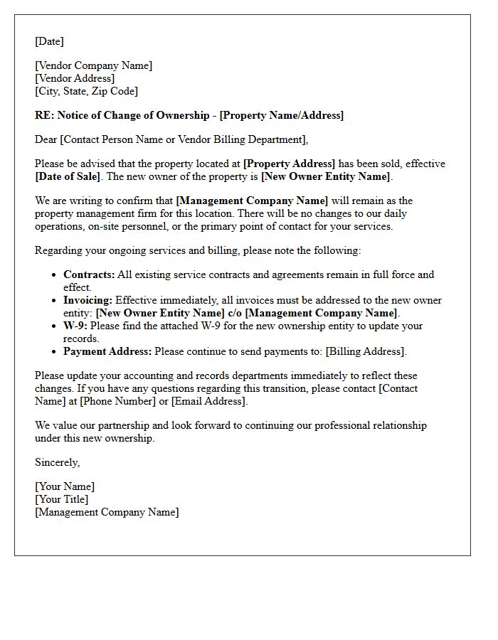 Vendor Notification Letter Regarding Property Ownership Change and Retained Management