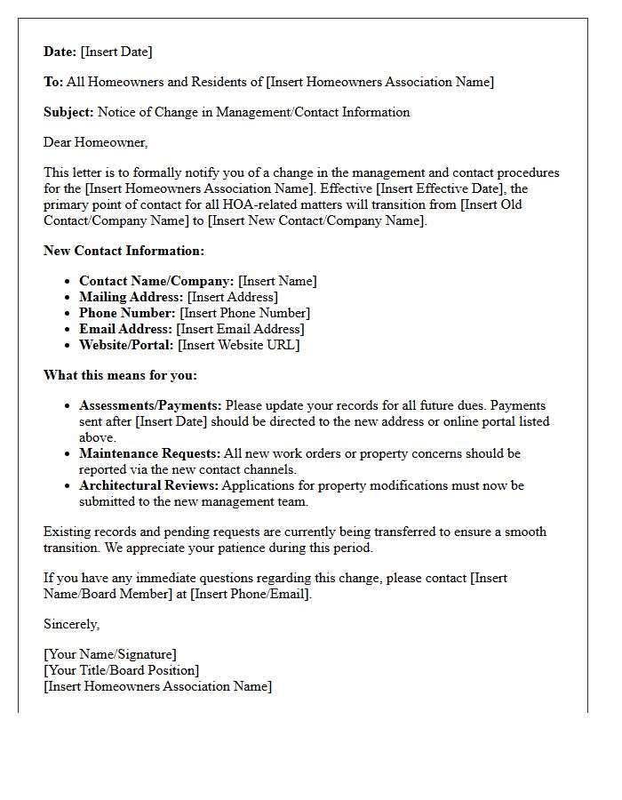 Homeowners Association Contact Transition Letter