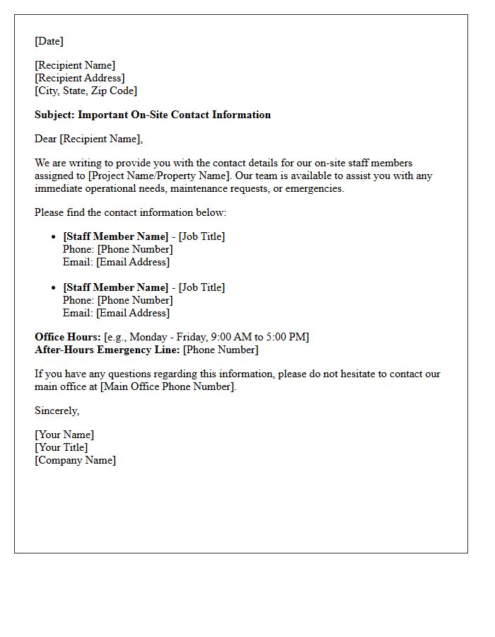 On-Site Staff Contact Information Letter