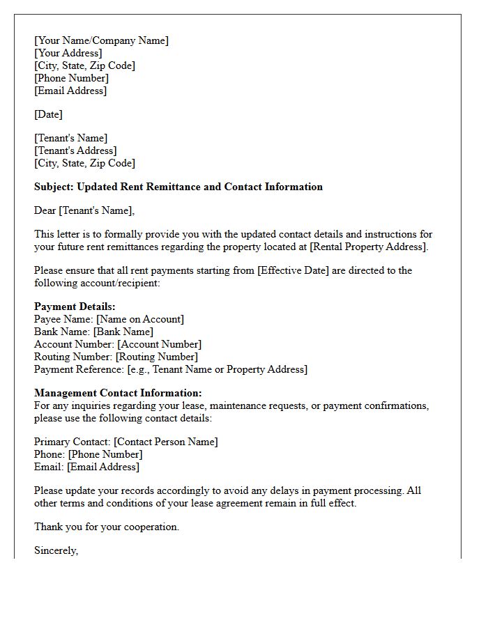 Rent Remittance Contact Details Letter