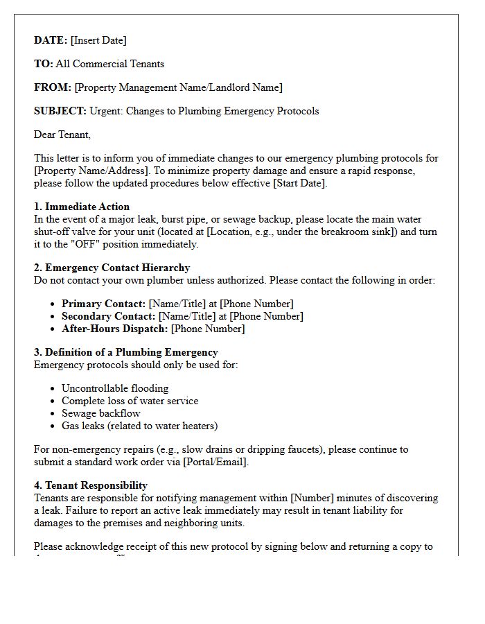 Letter Concerning Plumbing Emergency Protocol Changes for Commercial Tenants