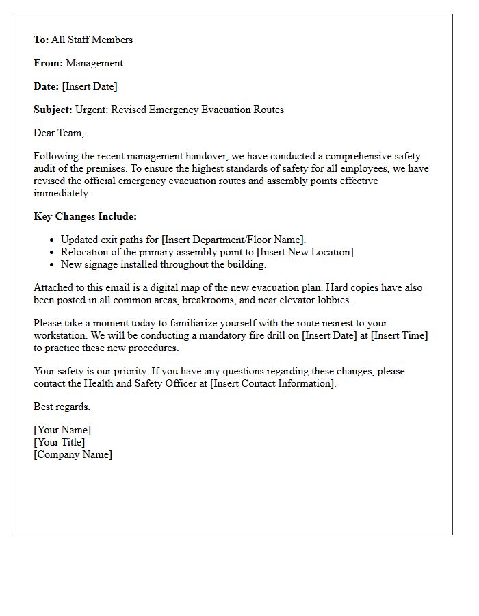 Letter Informing Staff of Revised Emergency Evacuation Routes After Management Handover