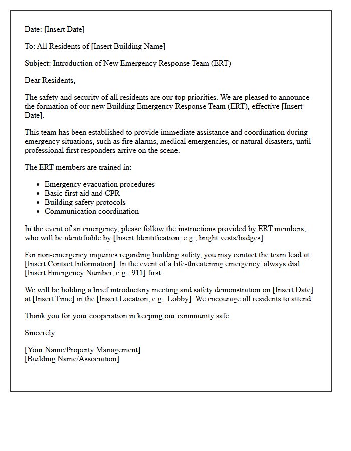 Letter Introducing New Emergency Response Team to All Building Residents