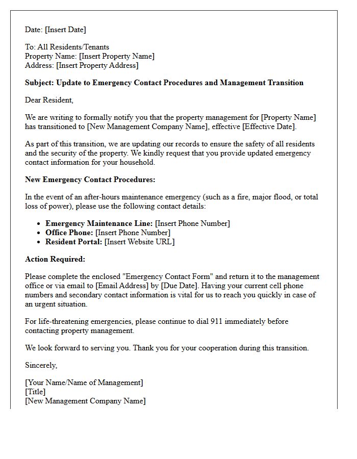 Letter Regarding General Emergency Contact Updates After Property Management Transition
