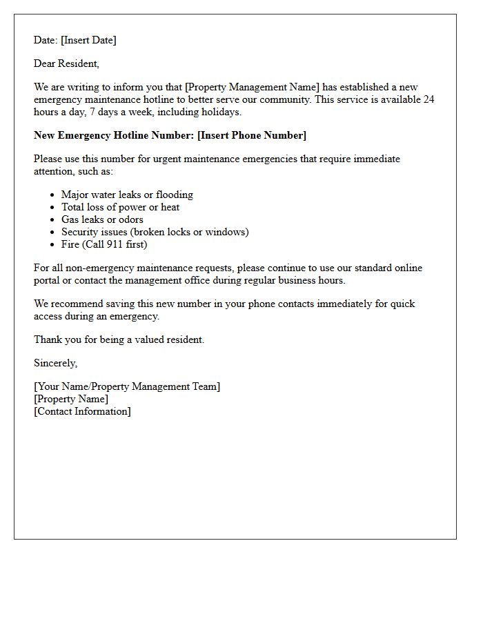 Resident Letter Highlighting New Property Management Emergency Hotline