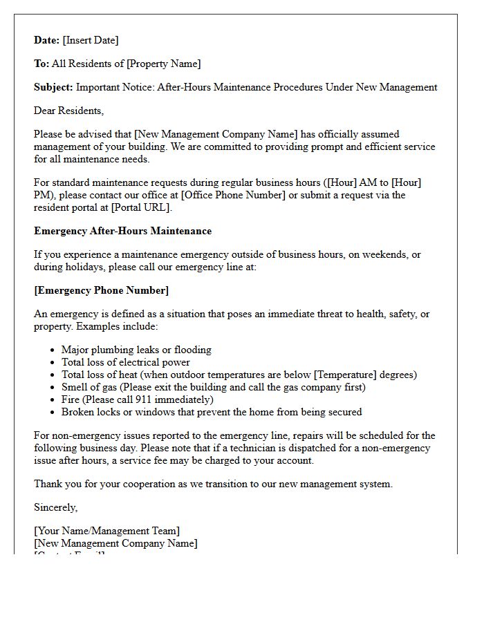 Tenant Letter Detailing After-Hours Maintenance Emergencies Under New Management