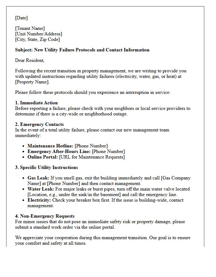 Utility Failure Protocol Letter for Tenants Following Management Transition