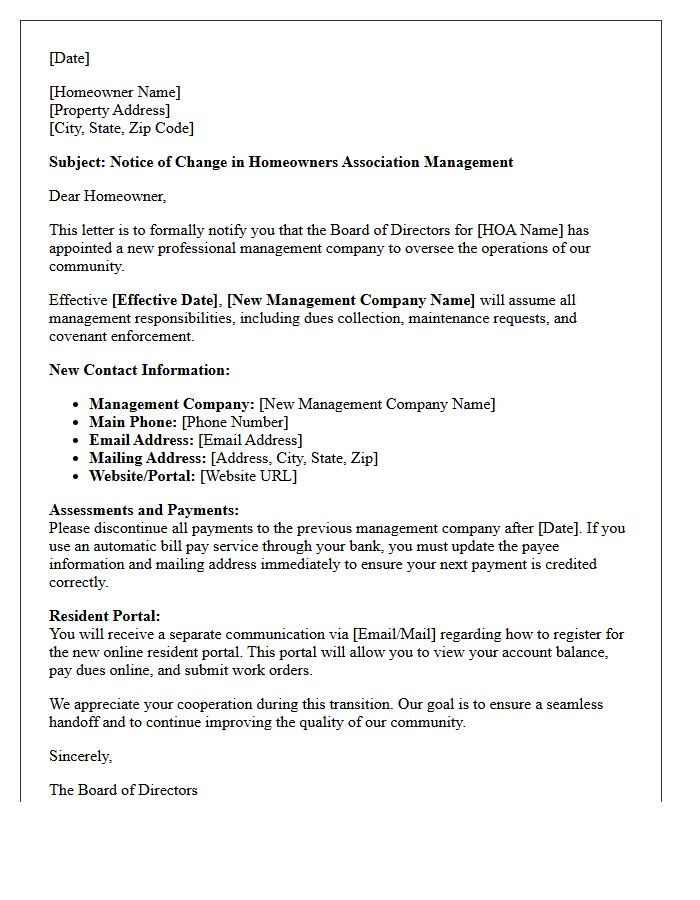 Homeowners Association Management Change Notification Letter