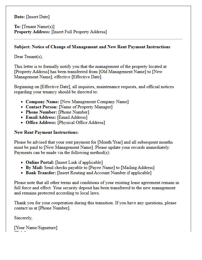 New Rent Payment Instruction and Management Transfer Letter
