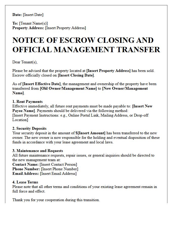 Notice of Escrow Closing and Official Management Transfer Letter