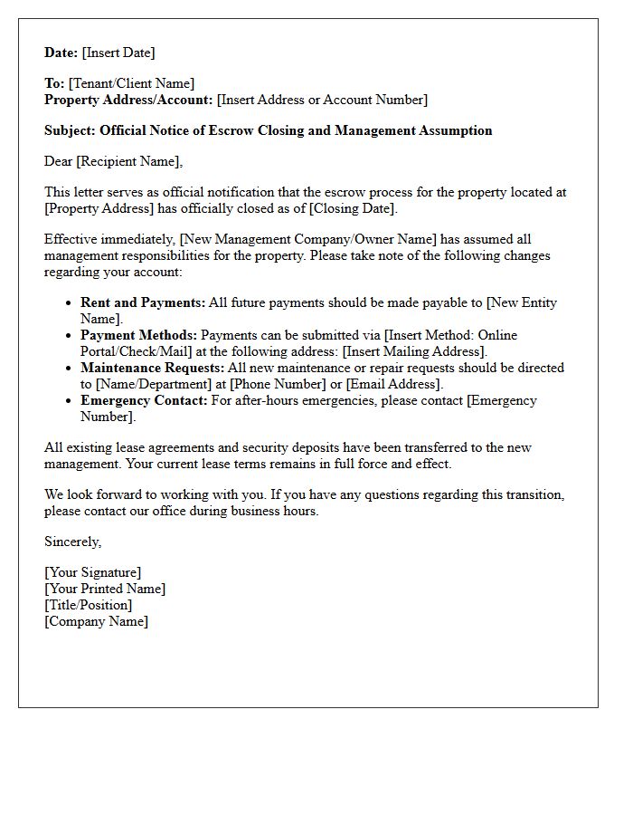 Official Escrow Closing and Management Assumption Letter