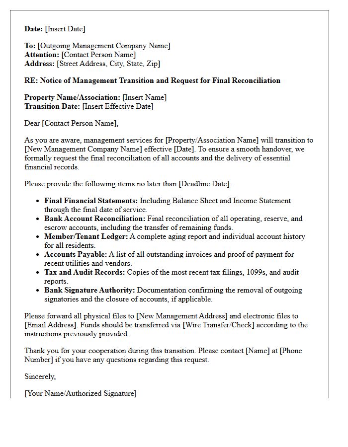 Prior Management Account Reconciliation and Transition Letter