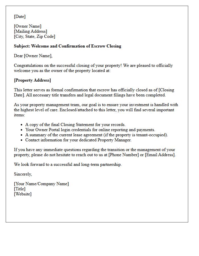 Property Owner Welcome and Escrow Closing Confirmation Letter