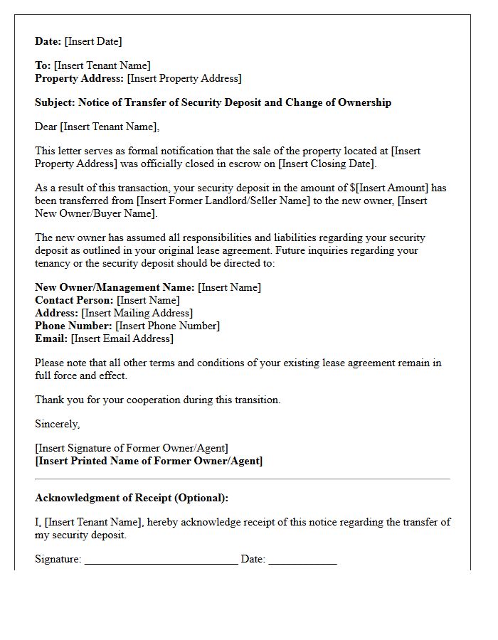 Security Deposit Transfer and Escrow Closing Acknowledgment Letter