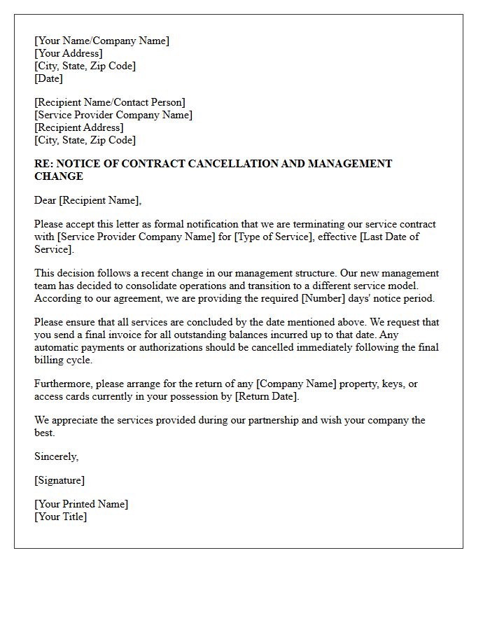 Service Contract Cancellation and Management Change Letter