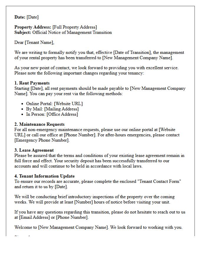 Tenant Welcome and Official Management Transition Letter