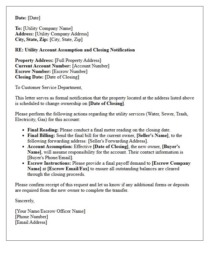 Utility Account Assumption and Escrow Closing Letter