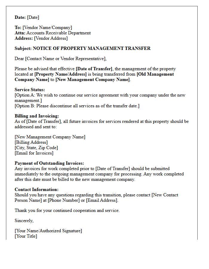 Vendor Notice of Property Management Transfer Letter