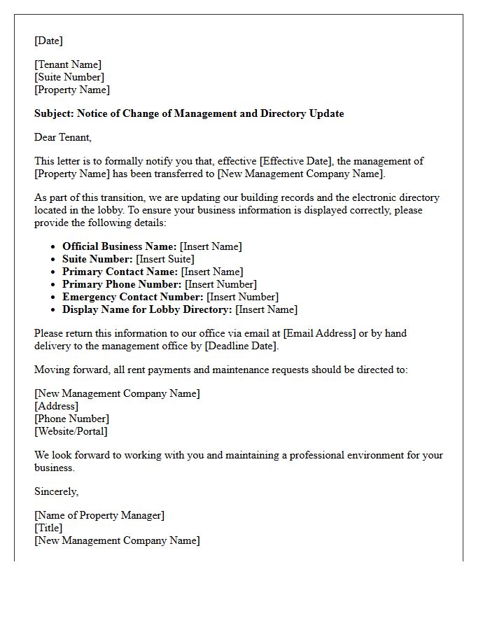 Change of Management Tenant Directory Update Letter