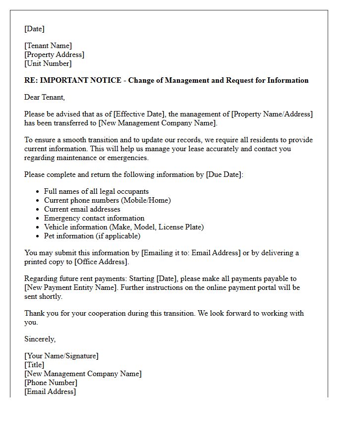 Important Letter Concerning Tenant Information Required by New Management