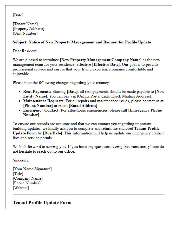 Introduction and Profile Update Letter From New Property Management