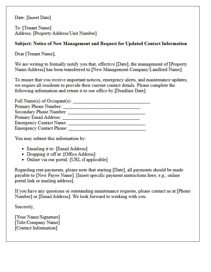 Letter Regarding Tenant Contact Information Update Under New Management