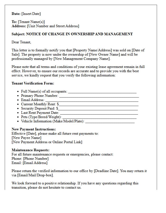 New Ownership and Management Tenant Information Verification Letter
