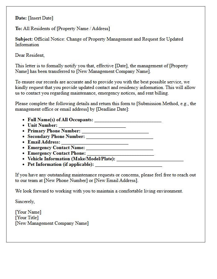 Official Letter Requesting Updated Resident Details by New Property Managers