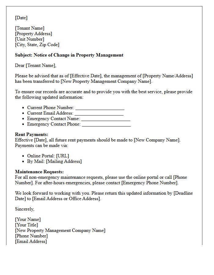 Residential Lease Information Update Letter for New Property Managers