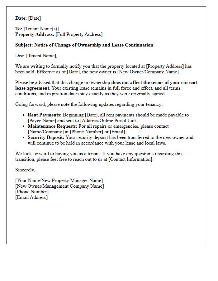 Existing Tenant Lease Continuation Letter Under New Ownership