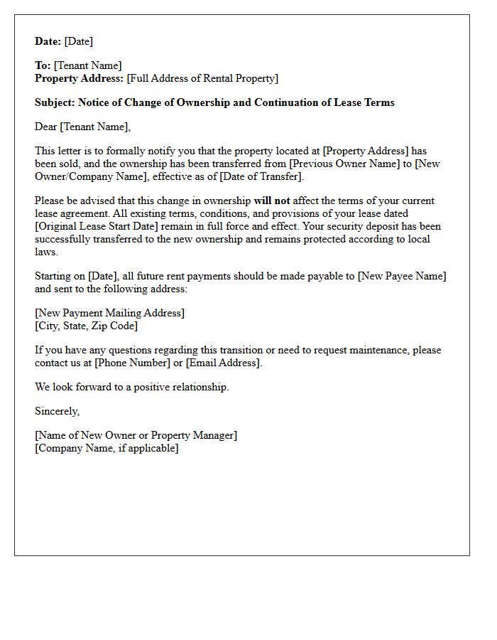 Letter of Notice of Continuation of Existing Lease Terms Under New Ownership