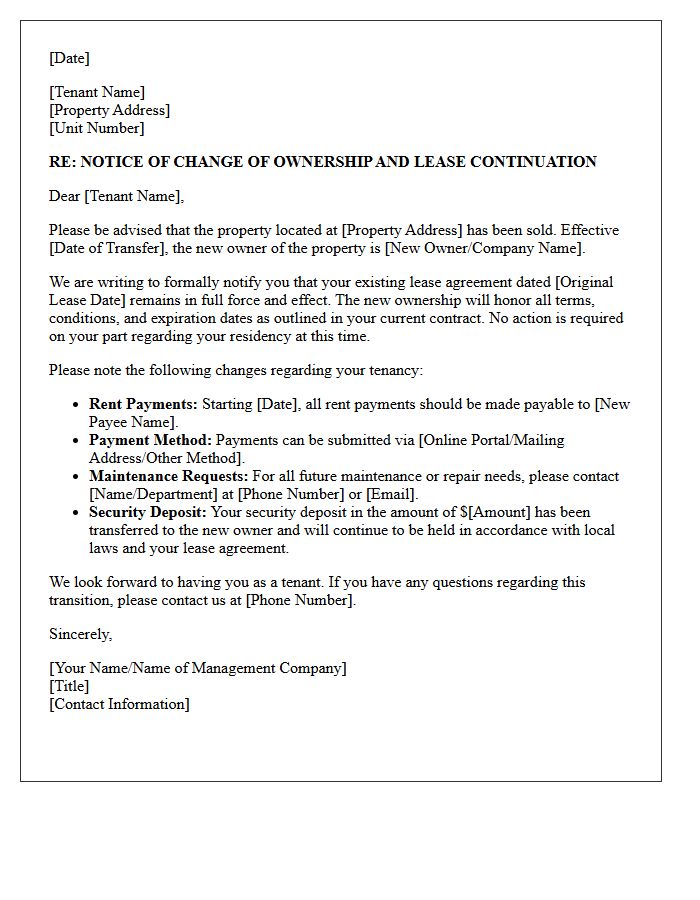 New Ownership Lease Continuation Notice Letter